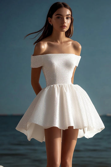 Robe de graduation à paillettes blanches scintillantes à épaules dénudées